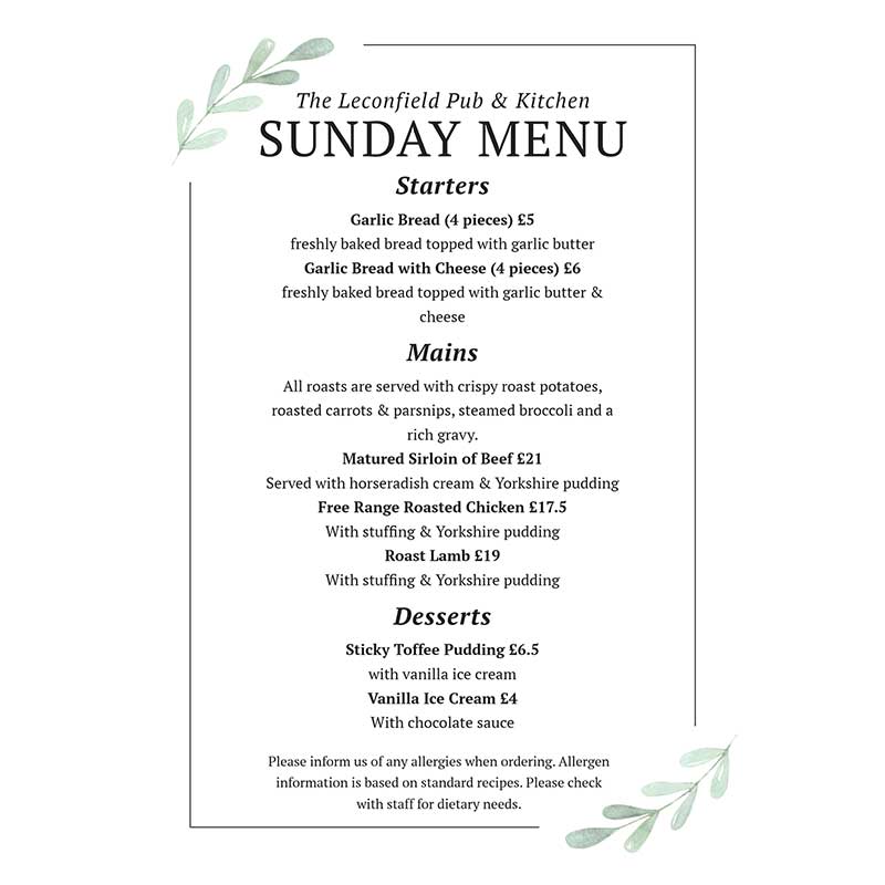 The Leconfield Pub & Kitchen - Sunday Roast Menu